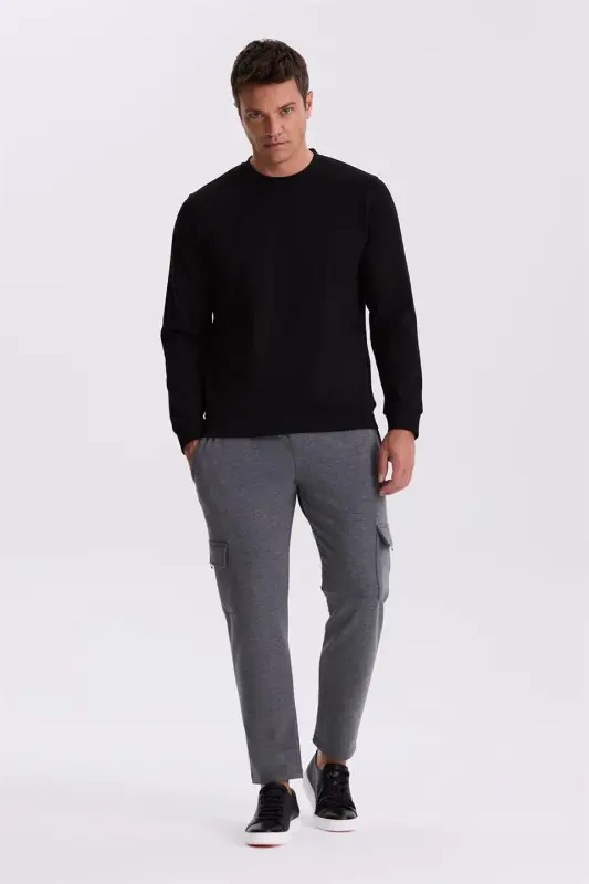 Siyah Slim Fit Bisiklet Yaka Basic Pamuklu Likralı Sweatshirt - 2