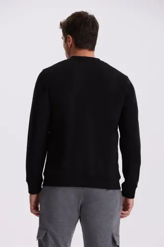 Siyah Slim Fit Bisiklet Yaka Basic Pamuklu Likralı Sweatshirt - 4