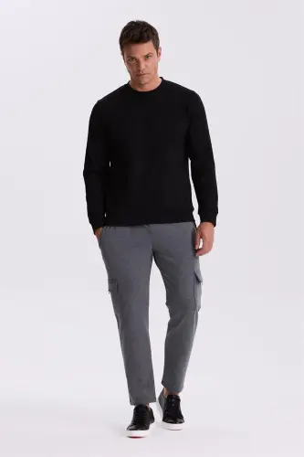 Siyah Slim Fit Bisiklet Yaka Basic Pamuklu Likralı Sweatshirt - JAKAMEN (1)