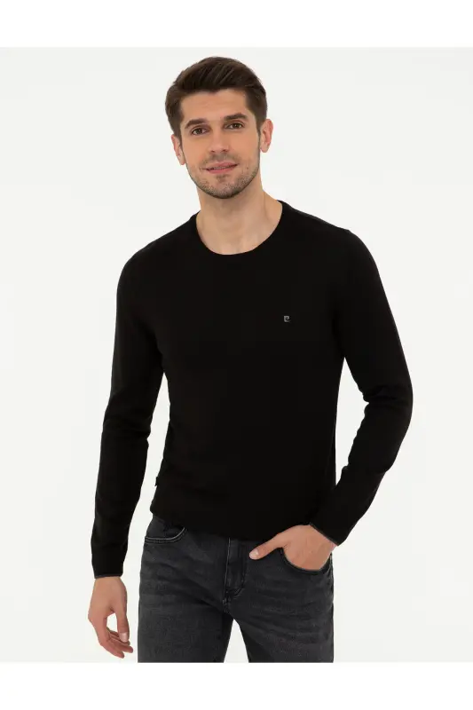 Siyah Slim Fit Bisiklet Yaka Basic Triko Kazak 50248582-VR046 - SİYAH - 1