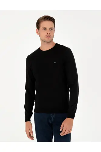 Siyah Slim Fit Bisiklet Yaka Basic Triko Kazak 50296621-VR046 - SİYAH - 3