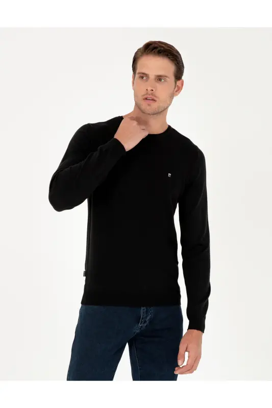 Siyah Slim Fit Bisiklet Yaka Basic Triko Kazak 50296621-VR046-SİYAH - PIERRE CARDIN