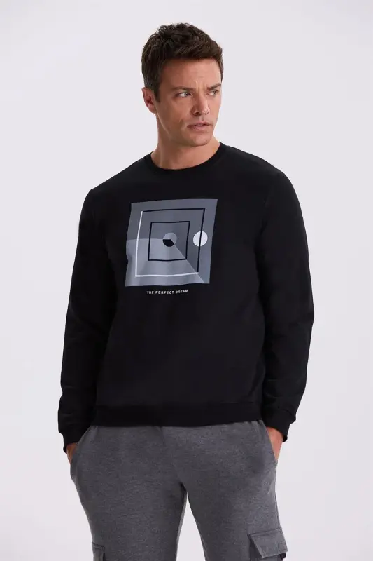 Siyah Slim Fit Bisiklet Yaka Baskılı %100 Pamuk Sweatshirt - JAKAMEN