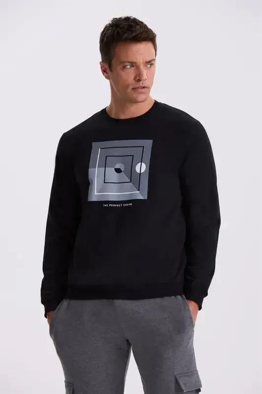 Siyah Slim Fit Bisiklet Yaka Baskılı %100 Pamuk Sweatshirt - 1