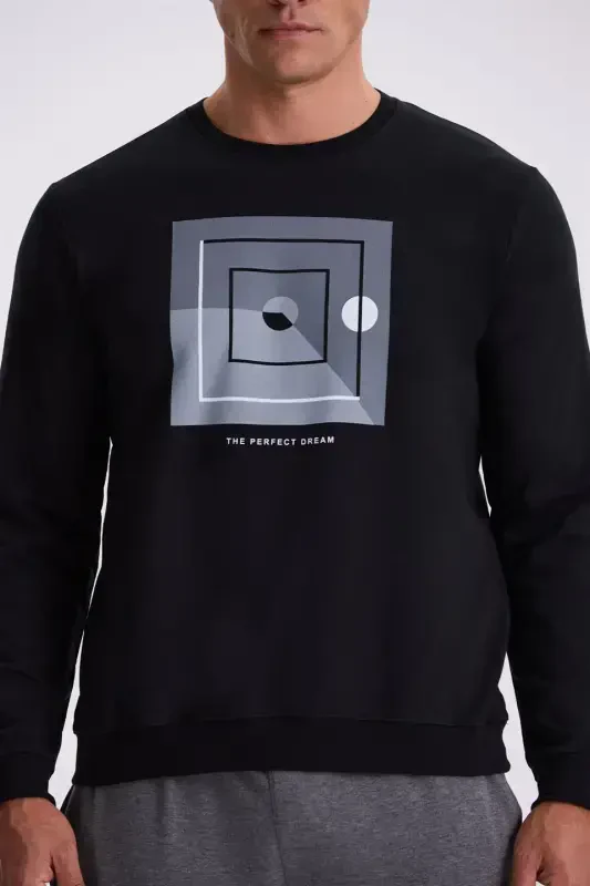 Siyah Slim Fit Bisiklet Yaka Baskılı %100 Pamuk Sweatshirt - 3