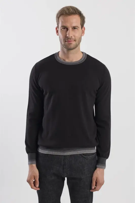 Siyah Slim Fit Bisiklet Yaka Triko Kazak - JAKAMEN