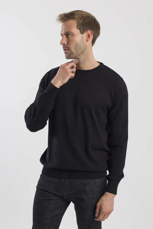 Siyah Slim Fit Bisiklet Yaka Triko Kazak - 3