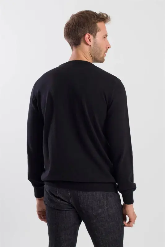 Siyah Slim Fit Bisiklet Yaka Triko Kazak - 4