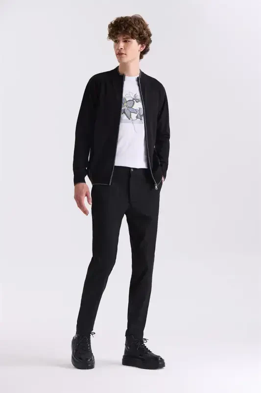 Siyah Slim Fit Cizgili Kanvas Pantolon - 2