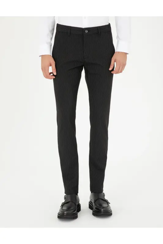 Siyah Slim Fit Çizgili Kanvas Pantolon 50295951-VR046 - SİYAH - 2
