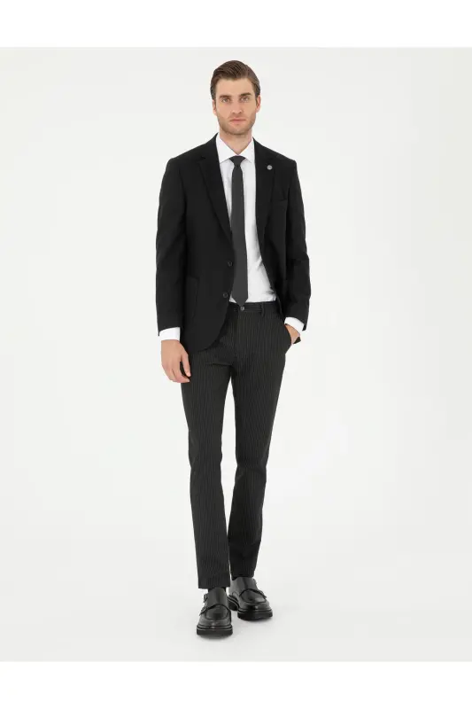 Siyah Slim Fit Çizgili Kanvas Pantolon 50295951-VR046 - SİYAH - 3