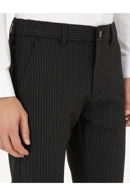 Siyah Slim Fit Çizgili Kanvas Pantolon 50295951-VR046 - SİYAH - 5