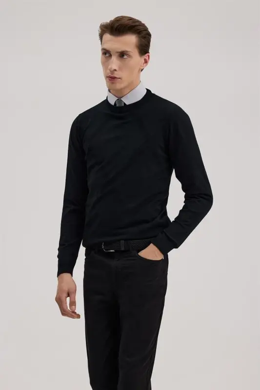 Siyah Slim Fit Desenli Bisiklet Yaka Triko - 1