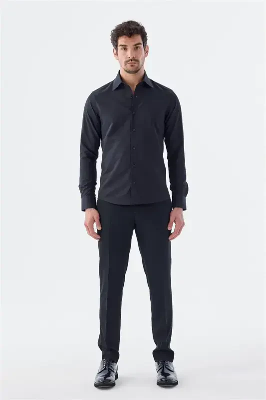 Siyah Slim Fit Desenli İtalyan Yaka Klasik Kravatlık Pamuklu Gömlek - 2