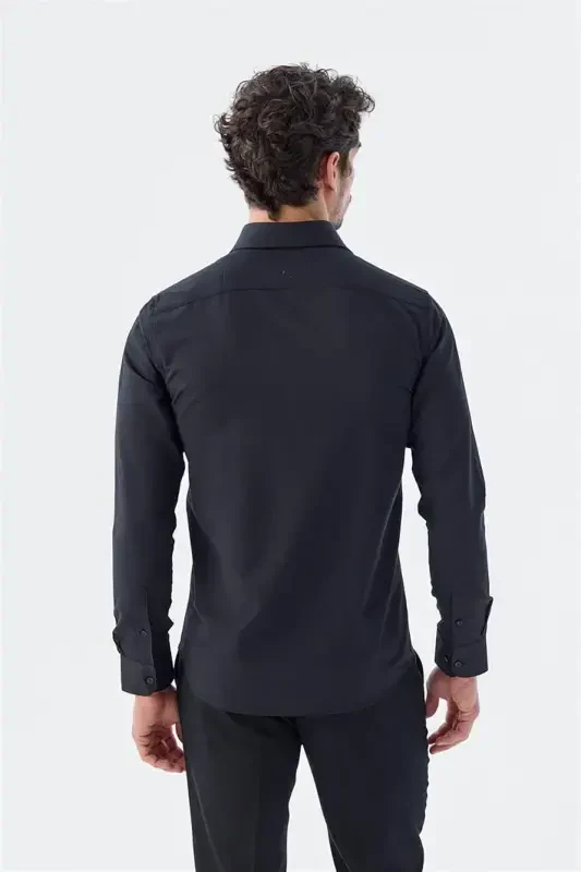 Siyah Slim Fit Desenli İtalyan Yaka Klasik Kravatlık Pamuklu Gömlek - 4