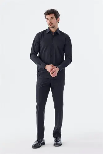 Siyah Slim Fit Desenli İtalyan Yaka Klasik Kravatlık Pamuklu Gömlek - 3