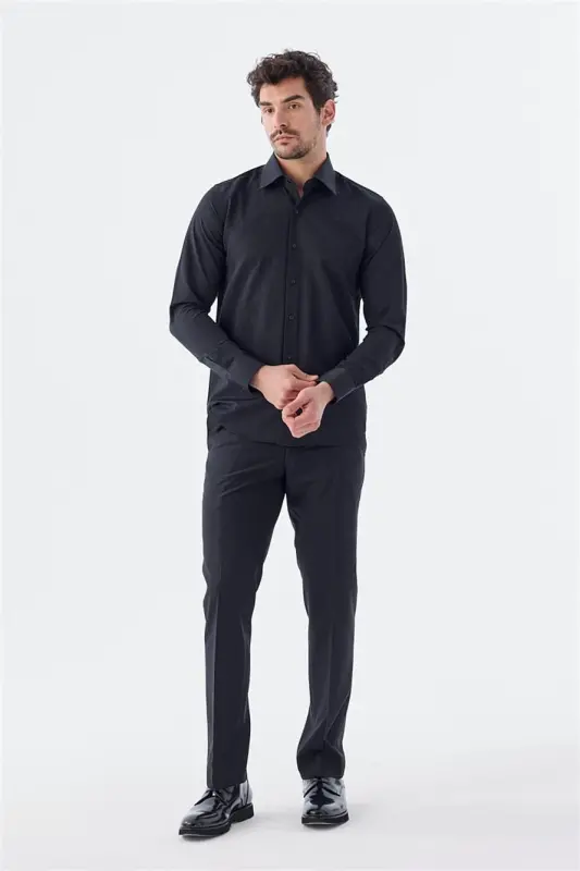 Siyah Slim Fit Desenli İtalyan Yaka Klasik Kravatlık Pamuklu Gömlek - 3