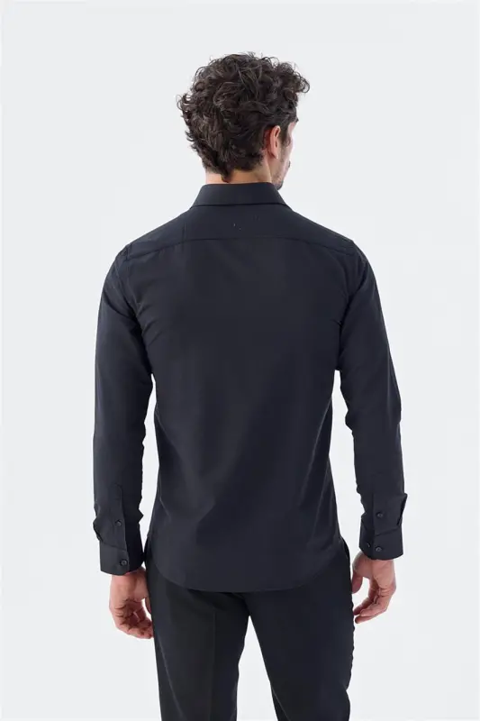 Siyah Slim Fit Desenli İtalyan Yaka Klasik Kravatlık Pamuklu Gömlek - 4