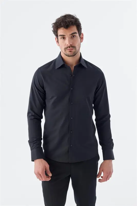 Siyah Slim Fit Desenli İtalyan Yaka Klasik Kravatlık Pamuklu Gömlek - JAKAMEN