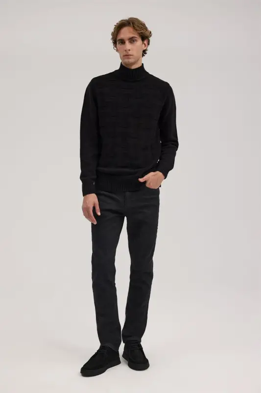 Siyah Slim Fit Desenli Pamuklu Tam Balıkçı Yaka Triko - 2