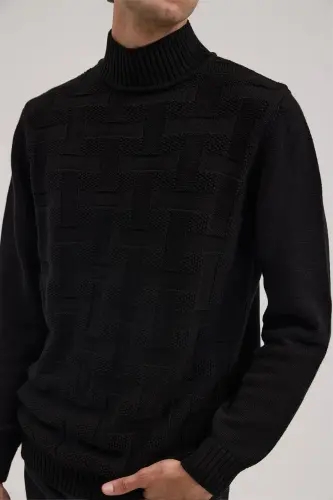 Siyah Slim Fit Desenli Pamuklu Tam Balıkçı Yaka Triko - 3