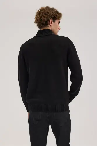 Siyah Slim Fit Desenli Pamuklu Tam Balıkçı Yaka Triko - 4