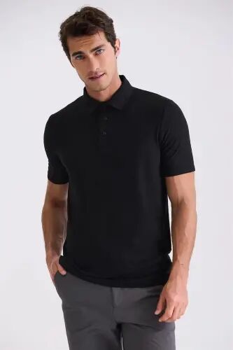 Siyah Slim Fit Desenli Polo Yaka T-shirt - 1