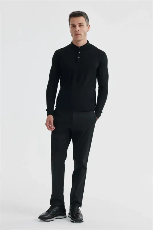 Siyah Slim Fit Yünlü Desenli Polo Yaka Triko - JAKAMEN