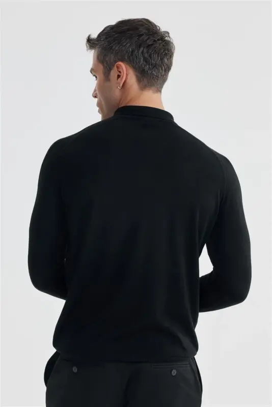 Siyah Slim Fit Yünlü Desenli Polo Yaka Triko - 4