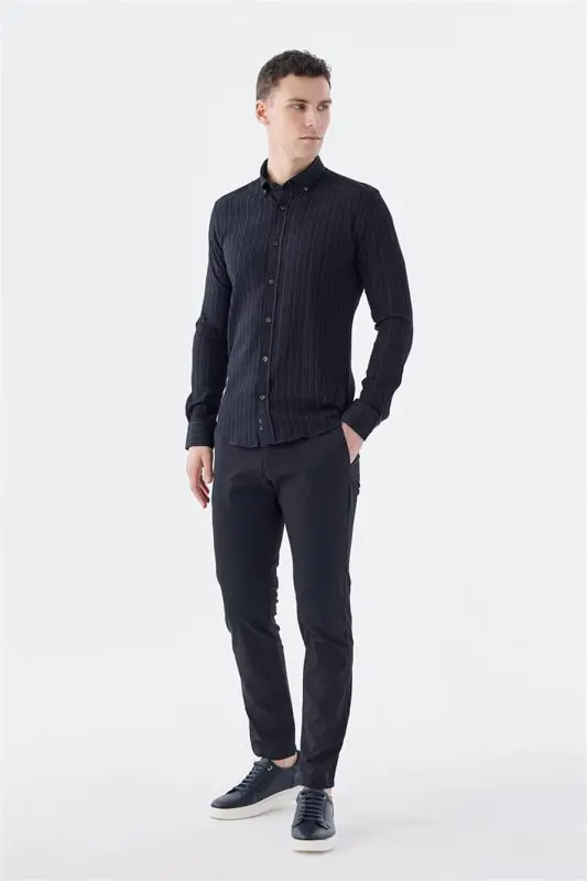 Siyah Slim Fit Düğmeli Yaka Keten Karışımlı Desenli Gömlek - 2