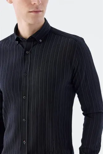 Siyah Slim Fit Düğmeli Yaka Keten Karışımlı Desenli Gömlek - 3