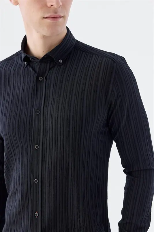 Siyah Slim Fit Düğmeli Yaka Keten Karışımlı Desenli Gömlek - 3