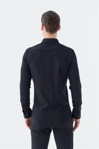 Siyah Slim Fit Düğmeli Yaka Keten Karışımlı Desenli Gömlek - 4