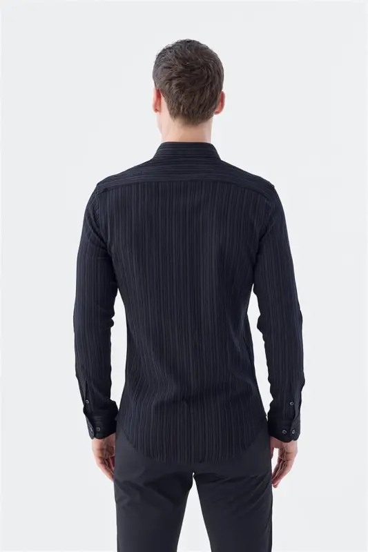 Siyah Slim Fit Düğmeli Yaka Keten Karışımlı Desenli Gömlek - 4