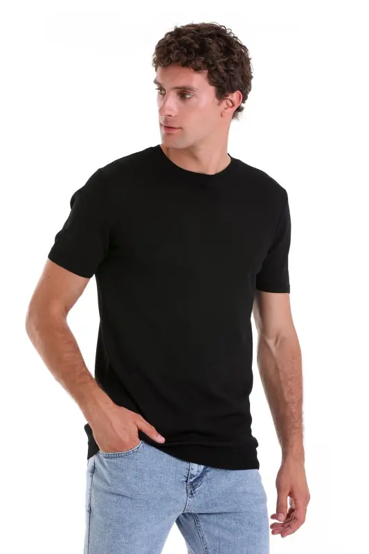 Siyah Slim Fit Düz Bisiklet Yaka Rayon Triko Tişört - Siyah - 3