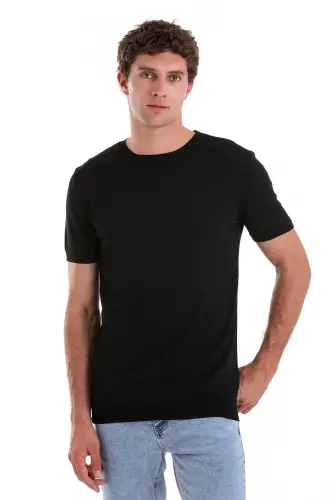 Siyah Slim Fit Düz Bisiklet Yaka Rayon Triko Tişört - Siyah - 4