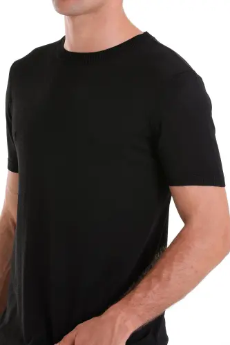 Siyah Slim Fit Düz Bisiklet Yaka Rayon Triko Tişört - Siyah - 5