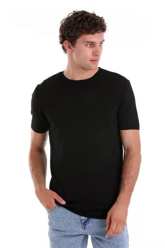 Siyah Slim Fit Düz Bisiklet Yaka Rayon Triko Tişört - Siyah 