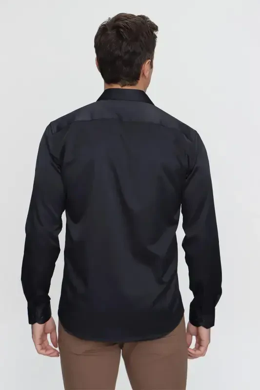 Siyah Slim Fit Düz Sert Yaka Kolay Ütülenebilen (HEDİYE KUTULU) Uzun Kollu Gömlek - 7