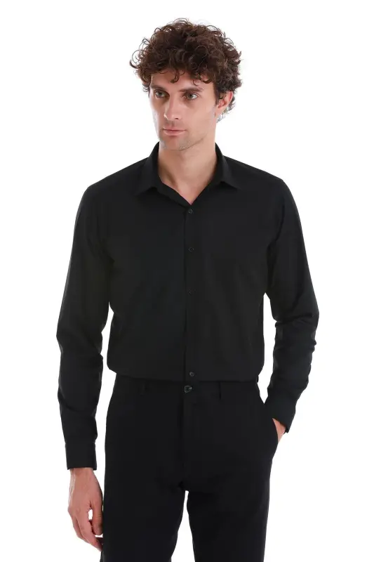 Siyah Slim Fit Düz Slim Yaka Pamuklu Uzun Kollu Spor Gömlek - Siyah - 1