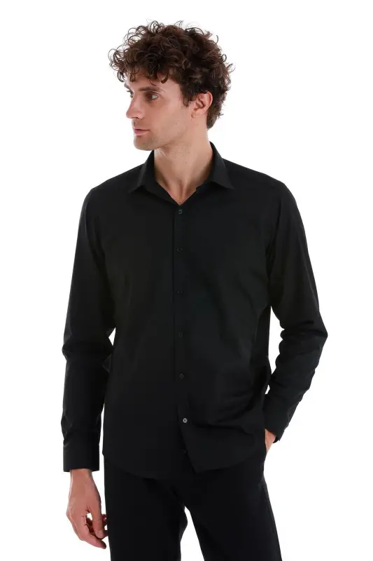 Siyah Slim Fit Düz Slim Yaka Pamuklu Uzun Kollu Spor Gömlek - Siyah - 3