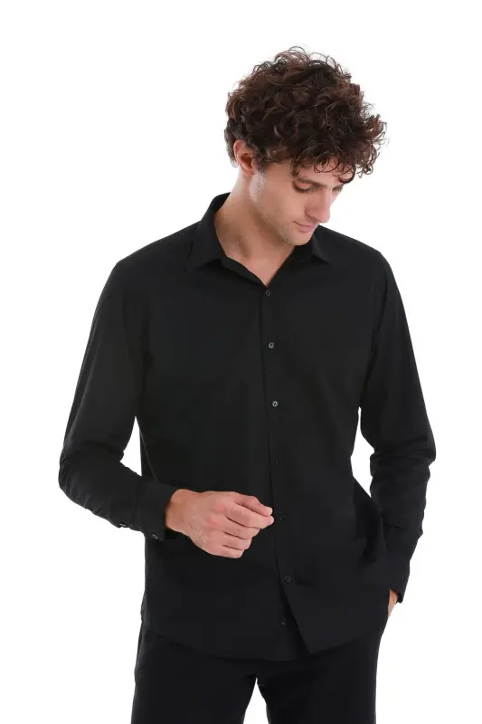 Siyah Slim Fit Düz Slim Yaka Pamuklu Uzun Kollu Spor Gömlek - Siyah - 4