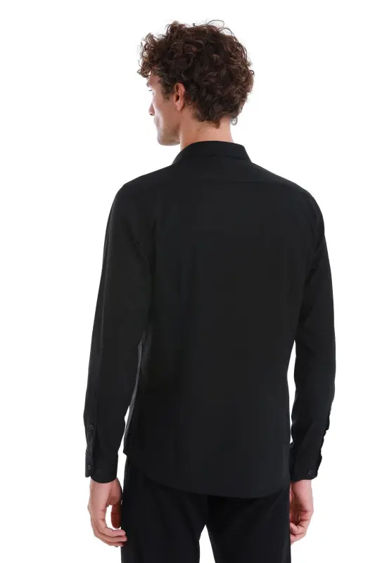 Siyah Slim Fit Düz Slim Yaka Pamuklu Uzun Kollu Spor Gömlek - Siyah - 6