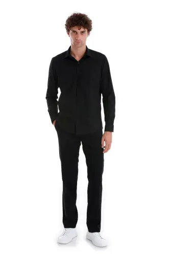 Siyah Slim Fit Düz Slim Yaka Pamuklu Uzun Kollu Spor Gömlek - Siyah - HATEMOĞLU (1)