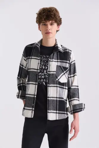 Siyah Slim Fit Ekose Desenli Pamuklu Cepli Oduncu Gömlek - 1