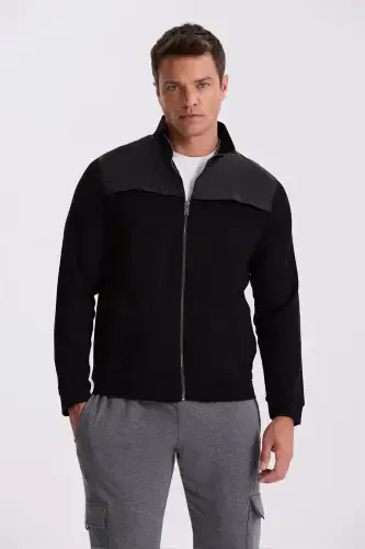 Siyah Slim Fit Fermuarlı Pamuklu Likralı Eşofman Üstü 
