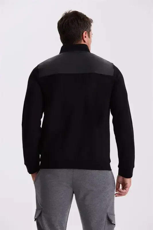 Siyah Slim Fit Fermuarlı Pamuklu Likralı Eşofman Üstü - 4