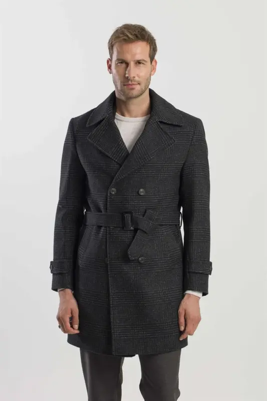 Siyah Slim Fit Gemici Yaka Ekoseli Yünlü Kaban - 1