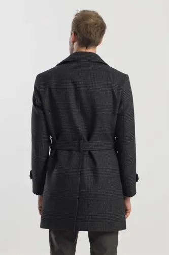 Siyah Slim Fit Gemici Yaka Ekoseli Yünlü Kaban - 4