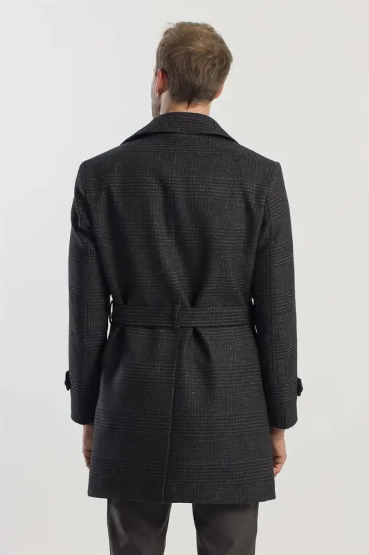 Siyah Slim Fit Gemici Yaka Ekoseli Yünlü Kaban - 4